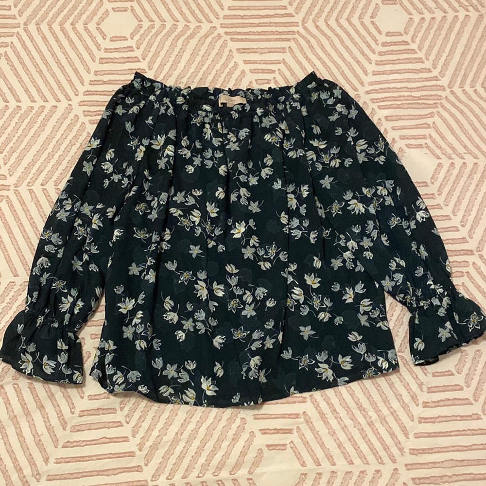 Ann Taylor LOFT Green Floral Off The Shoulder Blouse
